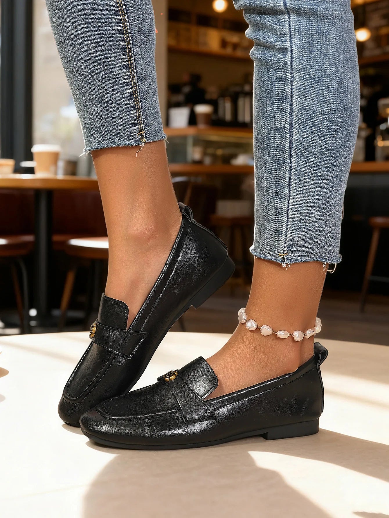 Women's Leather Flat Loafers with Gold-Tone Flower Accessory Round Apron Toe Low Block Heel Comfortable & Office Dress Shoes luxecrown.co.uk