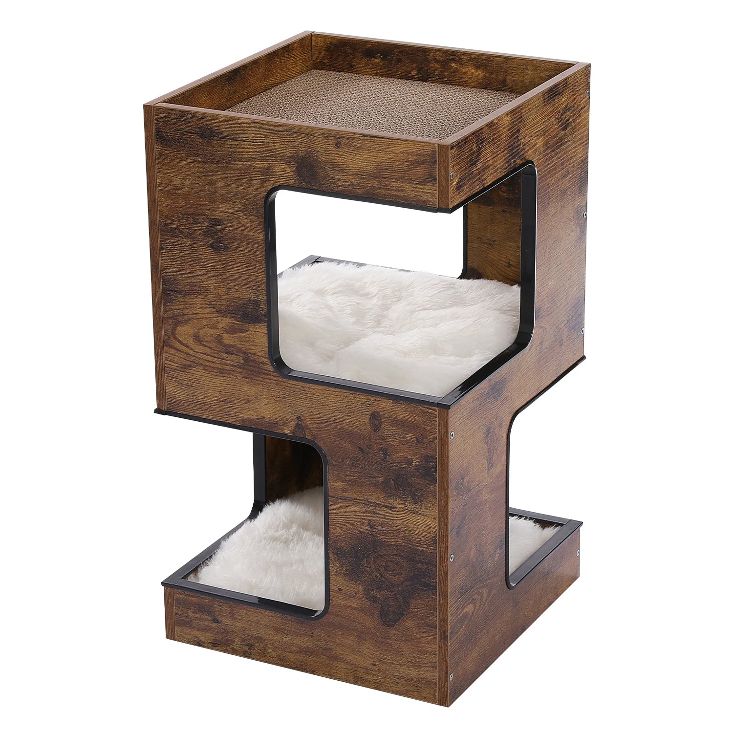 Wood Cat Condo House Bed with Removable Soft Mats Modern Cat Tree Tower with Scratching Pad Cat Scratcher Furniture Kitten Toys luxecrown.co.uk