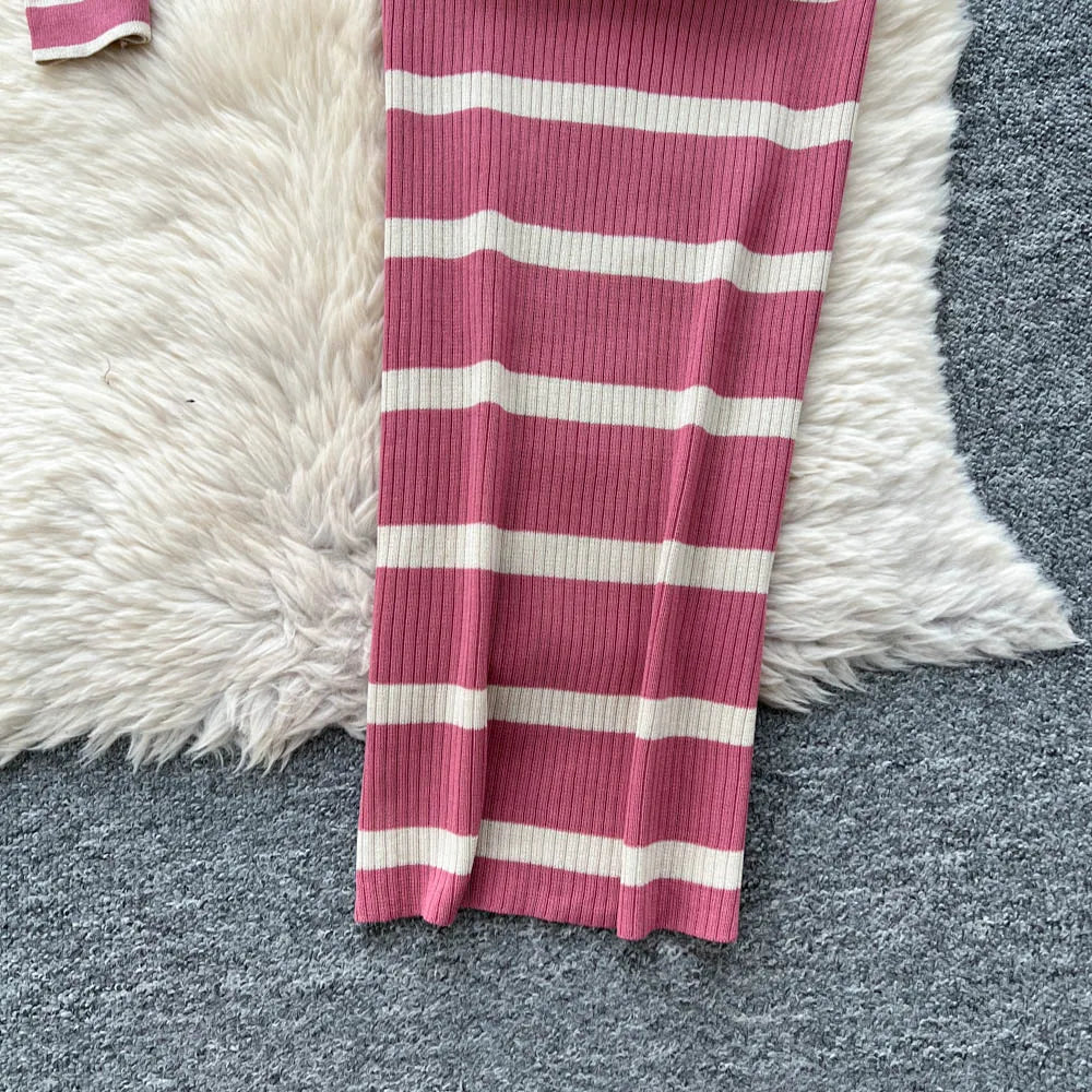 New Fashion Autumn Knitted Suits Long Sleeve V Neck Buttons Top+Stripe Strap Bodycon Dress Elegant OL Women Two Piece Sets