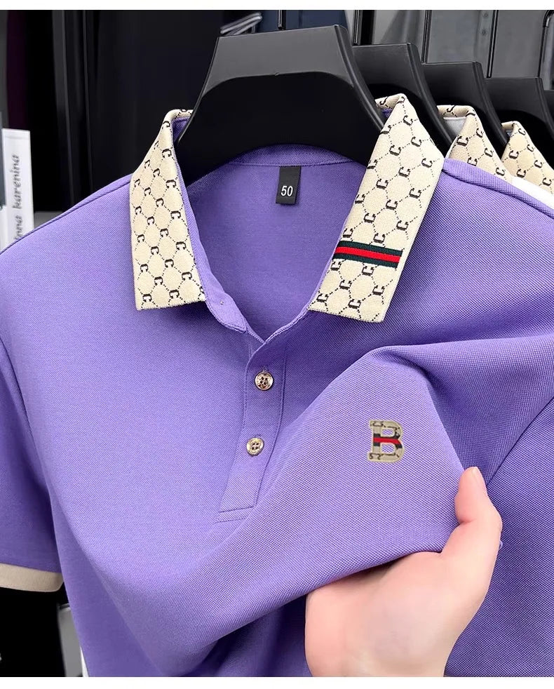 Luxury brand B letter embossed short sleeve polo shirt men summer lightweight breathable new fashion color blocked lapel T-shirt luxecrown.co.uk