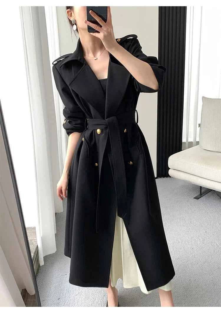 Lautaro Spring Autumn Long Black Trench Coat for Women Gold Buttons Double Breasted Elegant Chic Luxury Designer Clothes 2025