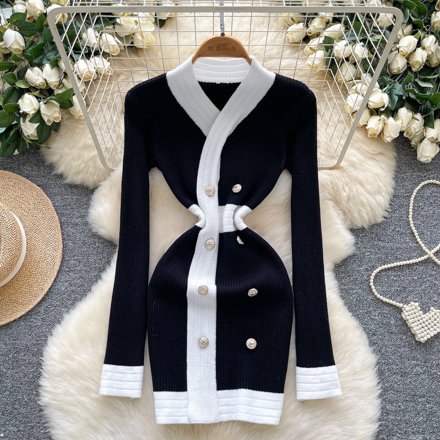 Women's French Style V Neck Long Sleeve Knitted Bodycon Dress Classic Soft Office Elegant Lady Autumn