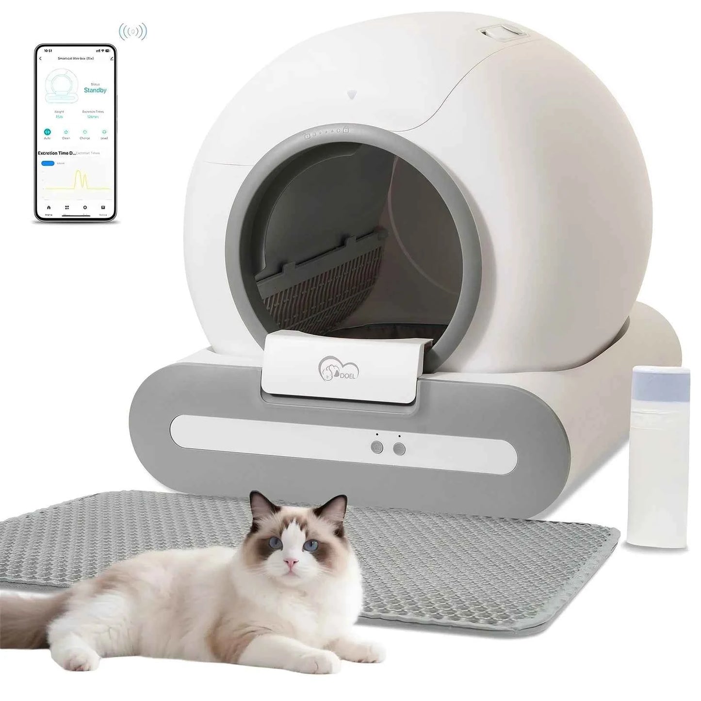 DOEL 65L Self-Cleaning Cat Litter Box App Control, ONLY Supports 2.4G WiFi w/Litter Mat&Trash Bags, Fit for Tofu & Mixed Litter