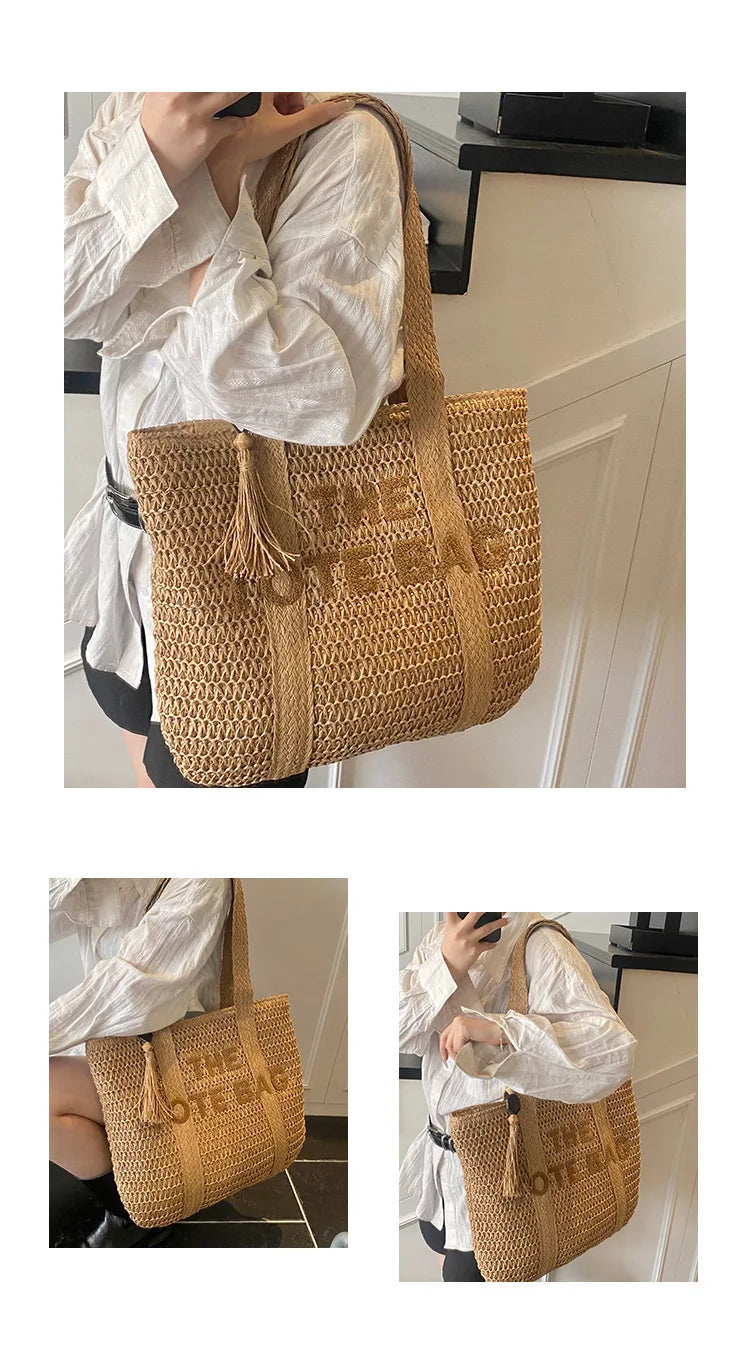 French Style Large Capacity Woven Straw Woven Bag for Women New Beach Vacation Shoulder Bag Casual Commuting Tote Bag Purse luxecrown.co.uk