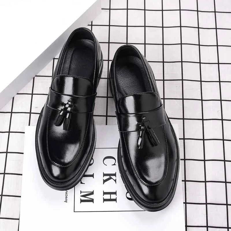 Mens Brown Genuine Leather Tassel Penny Loafers Slip On Chunky Sole Formal Dress Shoes Comfortable Non Slip For Business Office luxecrown.co.uk