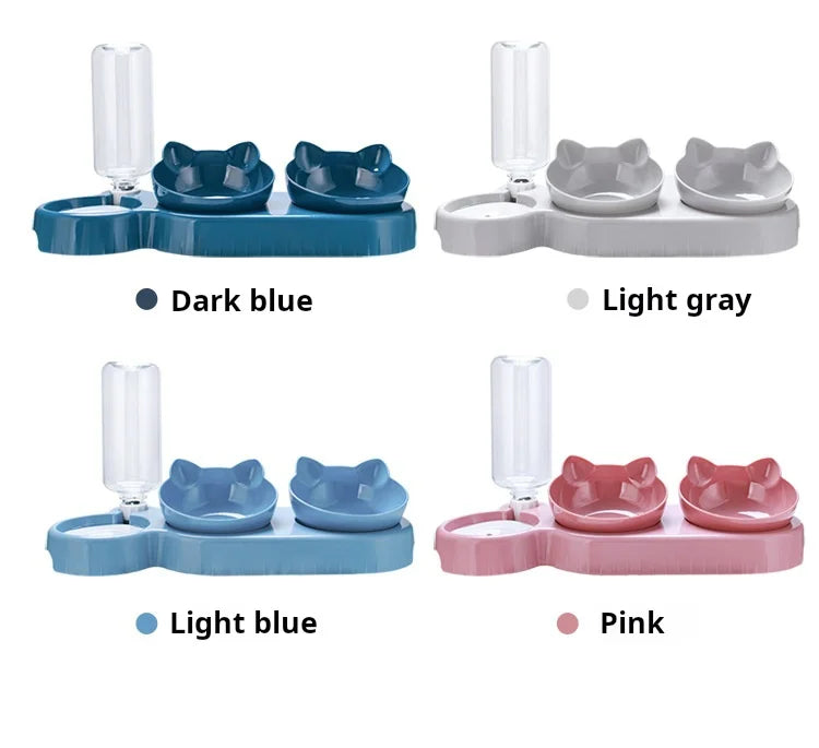 Pet Bowls With Water Feeder, 3 In 1 Ear Design Tilted Cat Water And Food Bowl Set With Gravity Water Bottle For Neck Protection luxecrown.co.uk