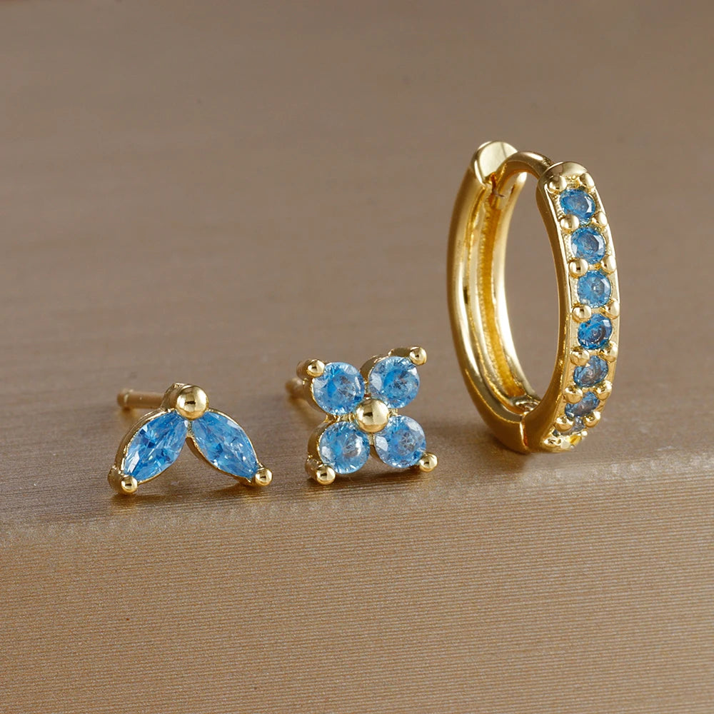 3PCS Stainless Steel Gold Color Circle Hoop Earrings Set for Women Simple Zircon Flower Stud Earring Cartilage Piercing Jewelry Streetsharks