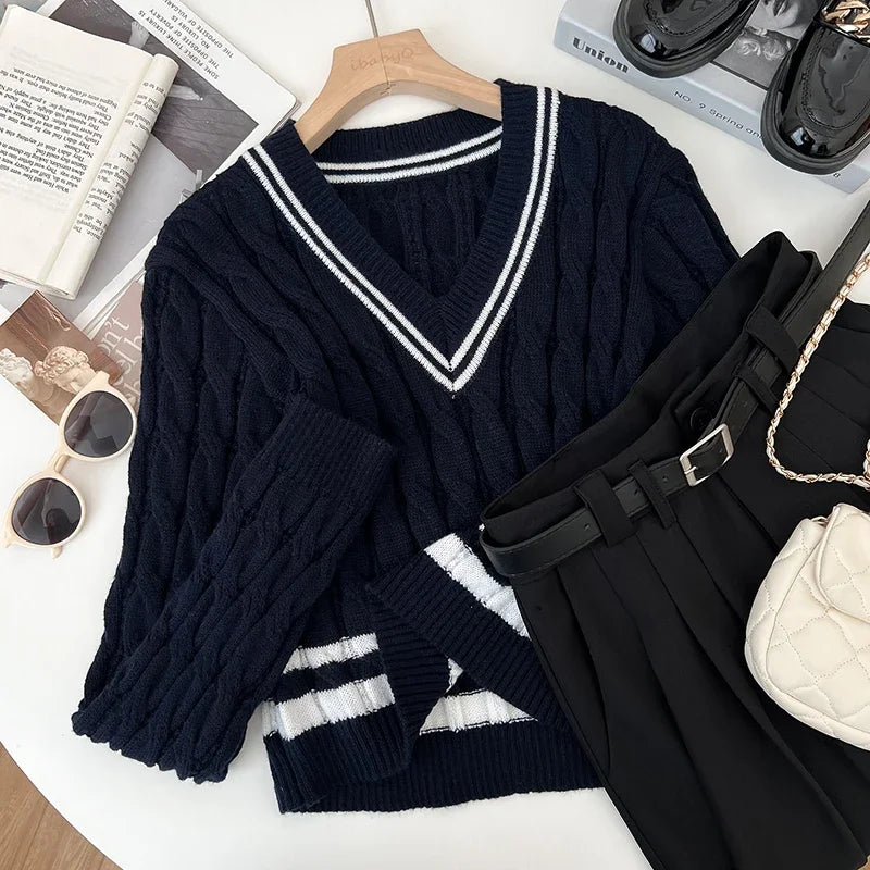 2026 New Autumn Winter Preppy Style Knitwear V-neck Long Sleeve Knitted Sweaters Twist Hit Color Striped Short Pullover Tops