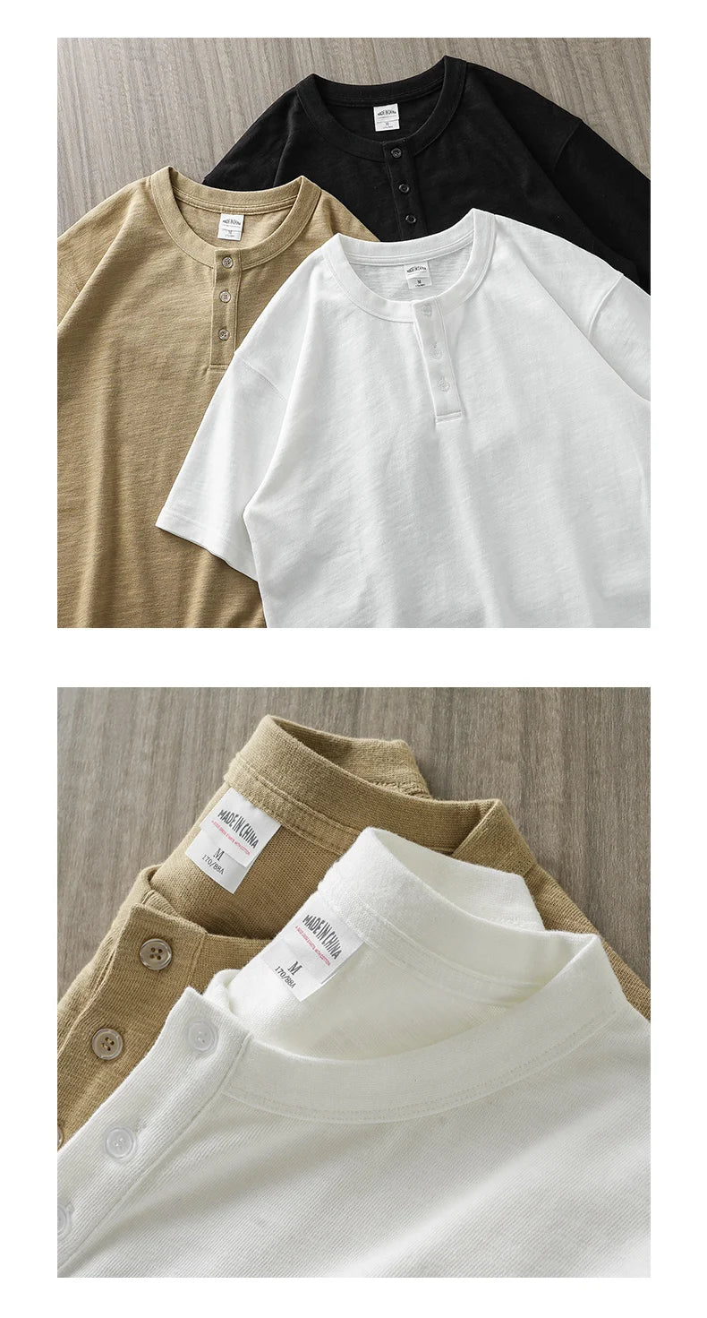 Dukeen 320g Heavyweight Henley Shirt for Men Short Sleeved Summer 100% Cotton Oversized White T Shirt Man Clothing luxecrown.co.uk