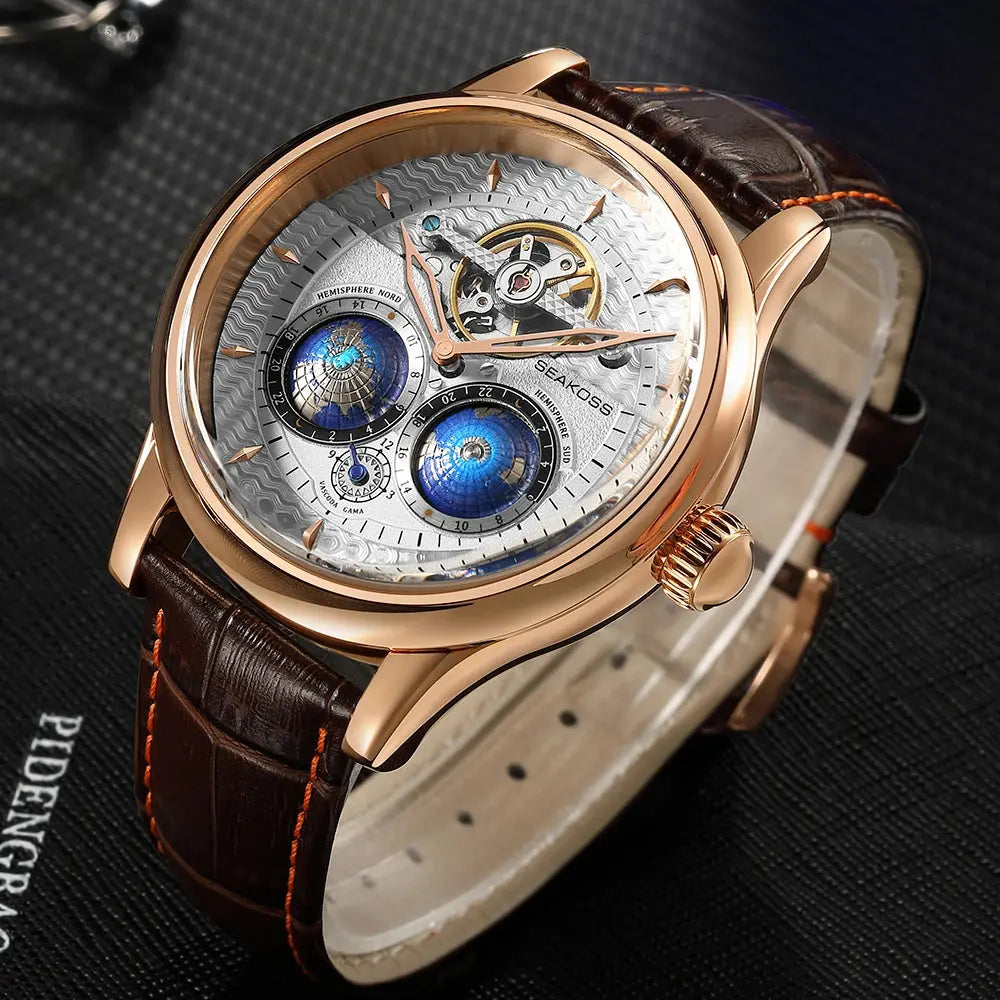 SEAKOSS Male Dual Earth Rotating Mechanical Men's Watch Automatic Movement Waterproof Clock Pilots 1963 Flywheel Wristwatches luxecrown.co.uk