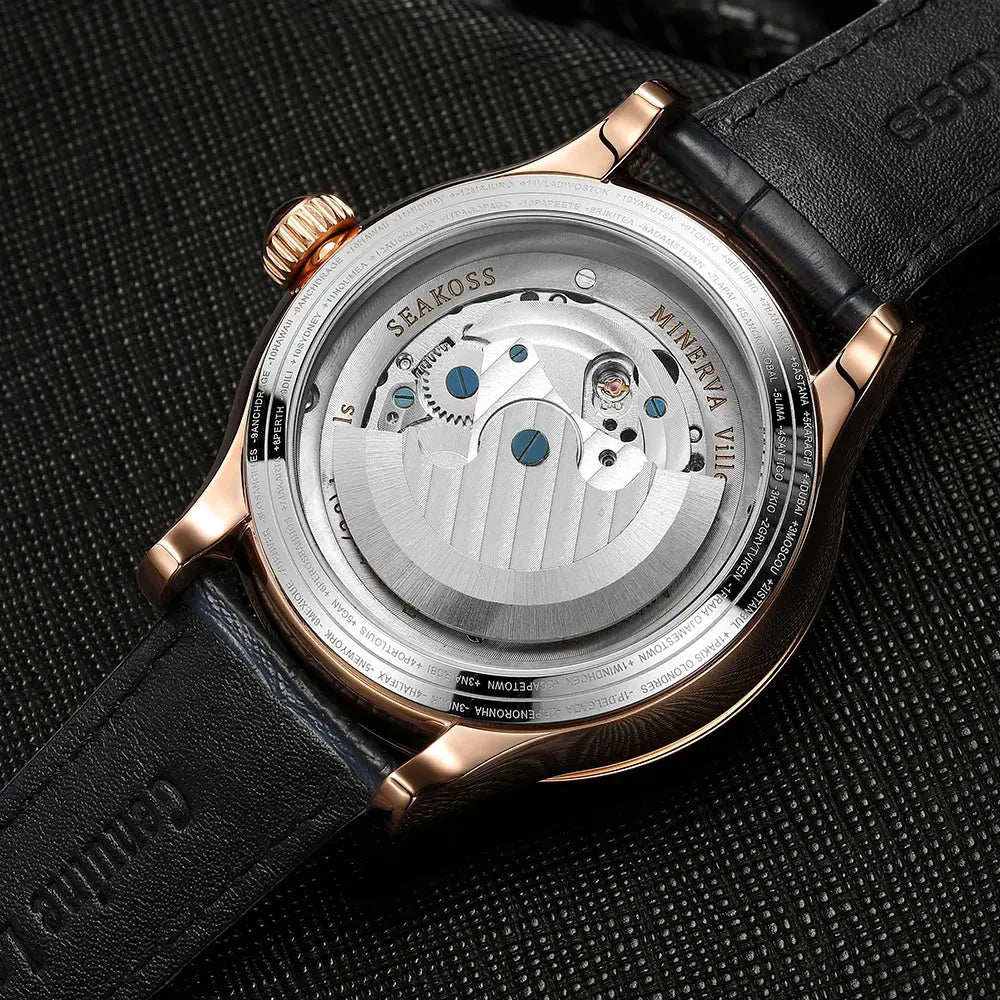 SEAKOSS Male Dual Earth Rotating Mechanical Men's Watch Automatic Movement Waterproof Clock Pilots 1963 Flywheel Wristwatches luxecrown.co.uk