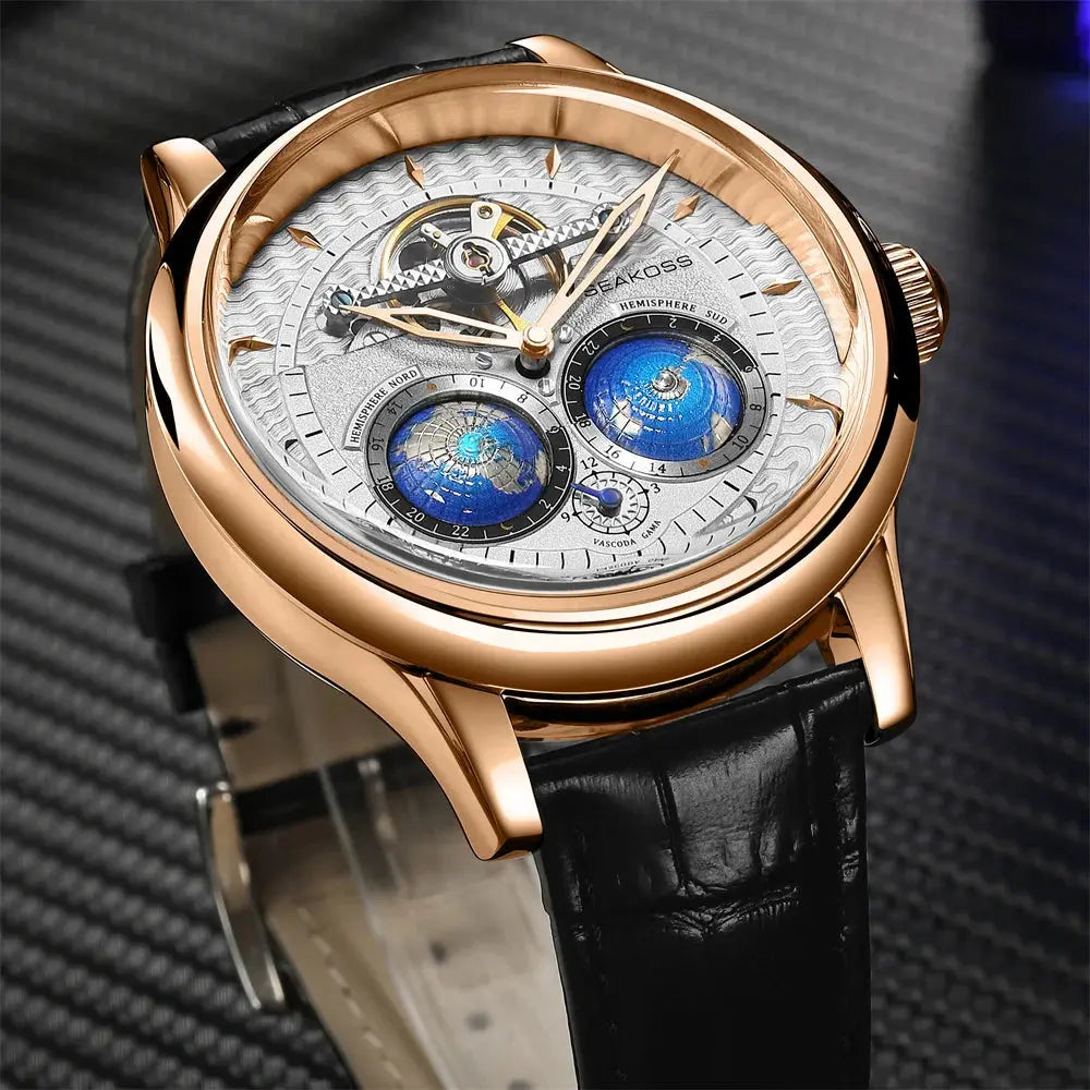 SEAKOSS Male Dual Earth Rotating Mechanical Men's Watch Automatic Movement Waterproof Clock Pilots 1963 Flywheel Wristwatches luxecrown.co.uk