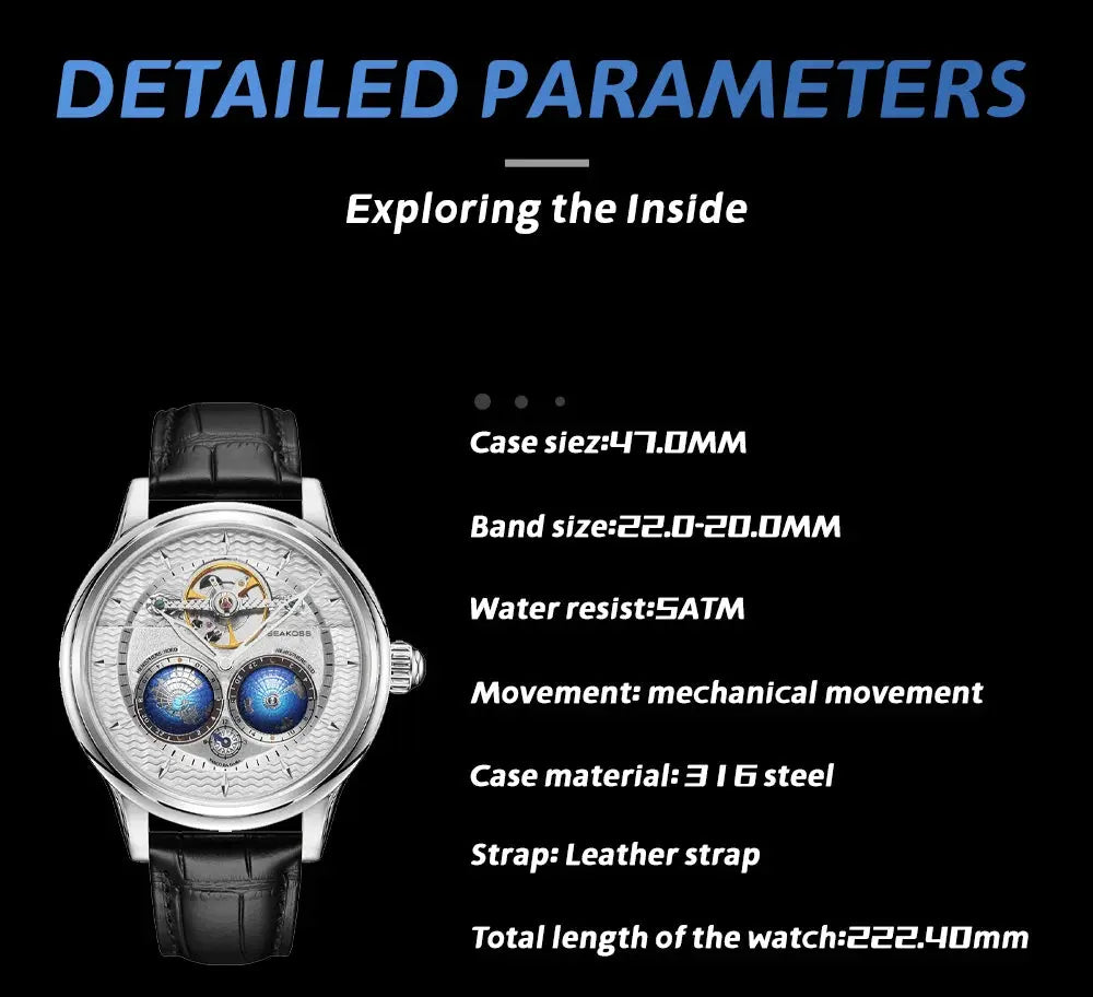 SEAKOSS Male Dual Earth Rotating Mechanical Men's Watch Automatic Movement Waterproof Clock Pilots 1963 Flywheel Wristwatches luxecrown.co.uk