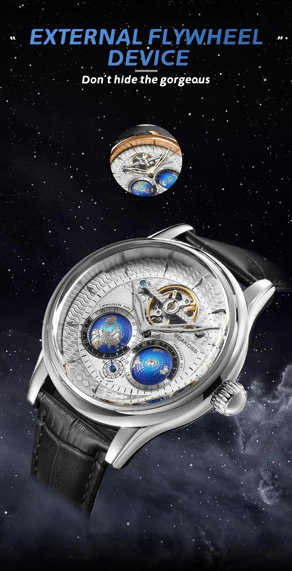 SEAKOSS Male Dual Earth Rotating Mechanical Men's Watch Automatic Movement Waterproof Clock Pilots 1963 Flywheel Wristwatches luxecrown.co.uk