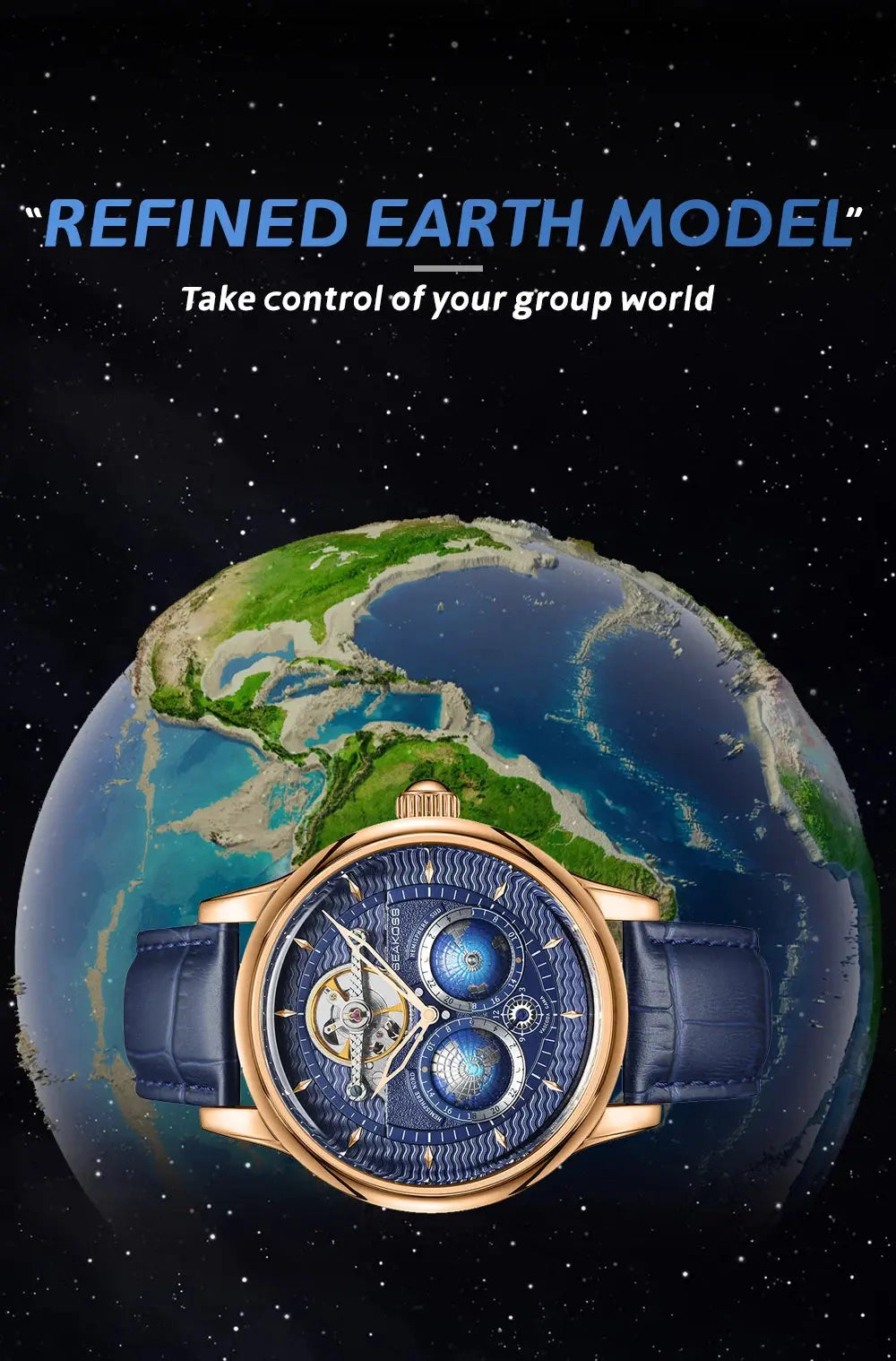 SEAKOSS Male Dual Earth Rotating Mechanical Men's Watch Automatic Movement Waterproof Clock Pilots 1963 Flywheel Wristwatches luxecrown.co.uk