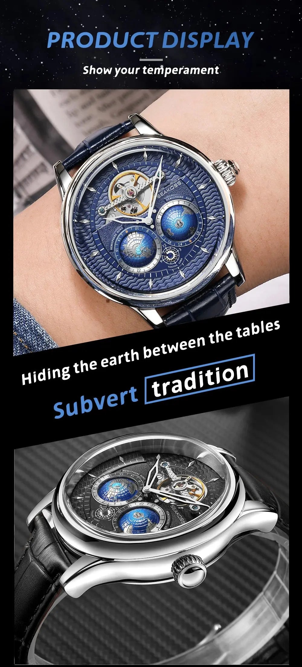 SEAKOSS Male Dual Earth Rotating Mechanical Men's Watch Automatic Movement Waterproof Clock Pilots 1963 Flywheel Wristwatches luxecrown.co.uk