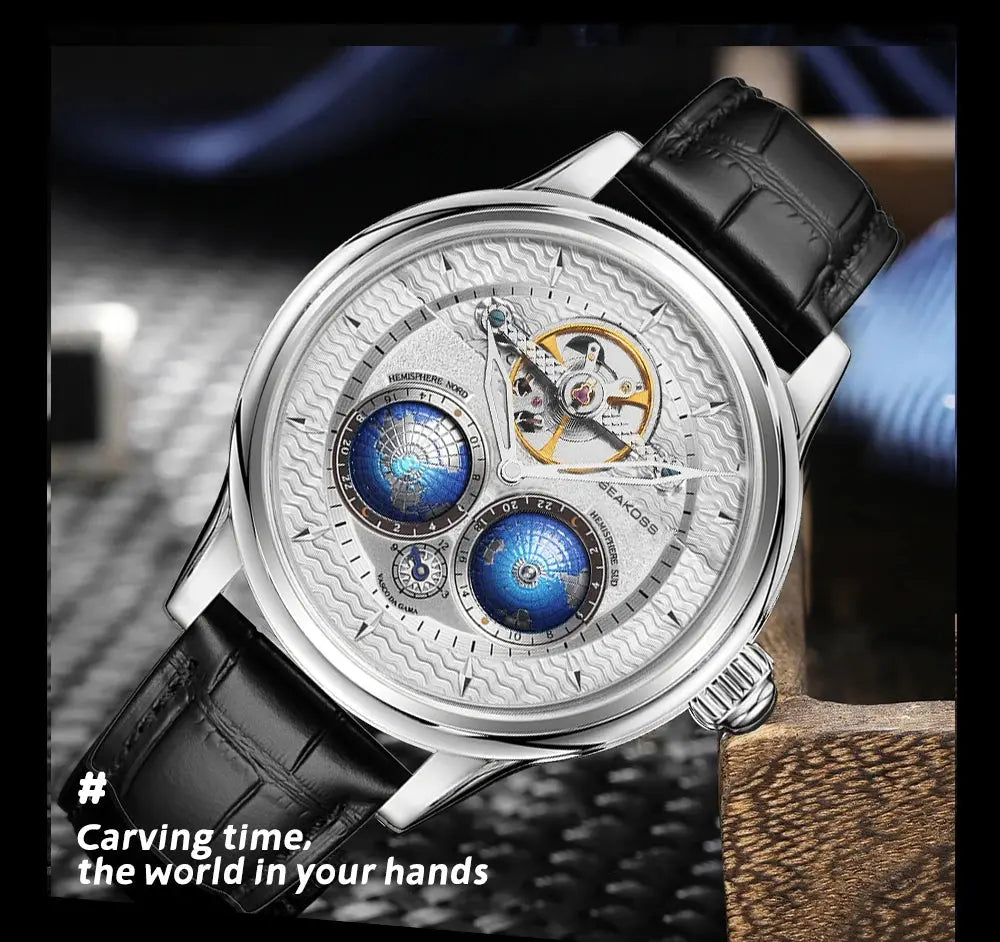 SEAKOSS Male Dual Earth Rotating Mechanical Men's Watch Automatic Movement Waterproof Clock Pilots 1963 Flywheel Wristwatches luxecrown.co.uk