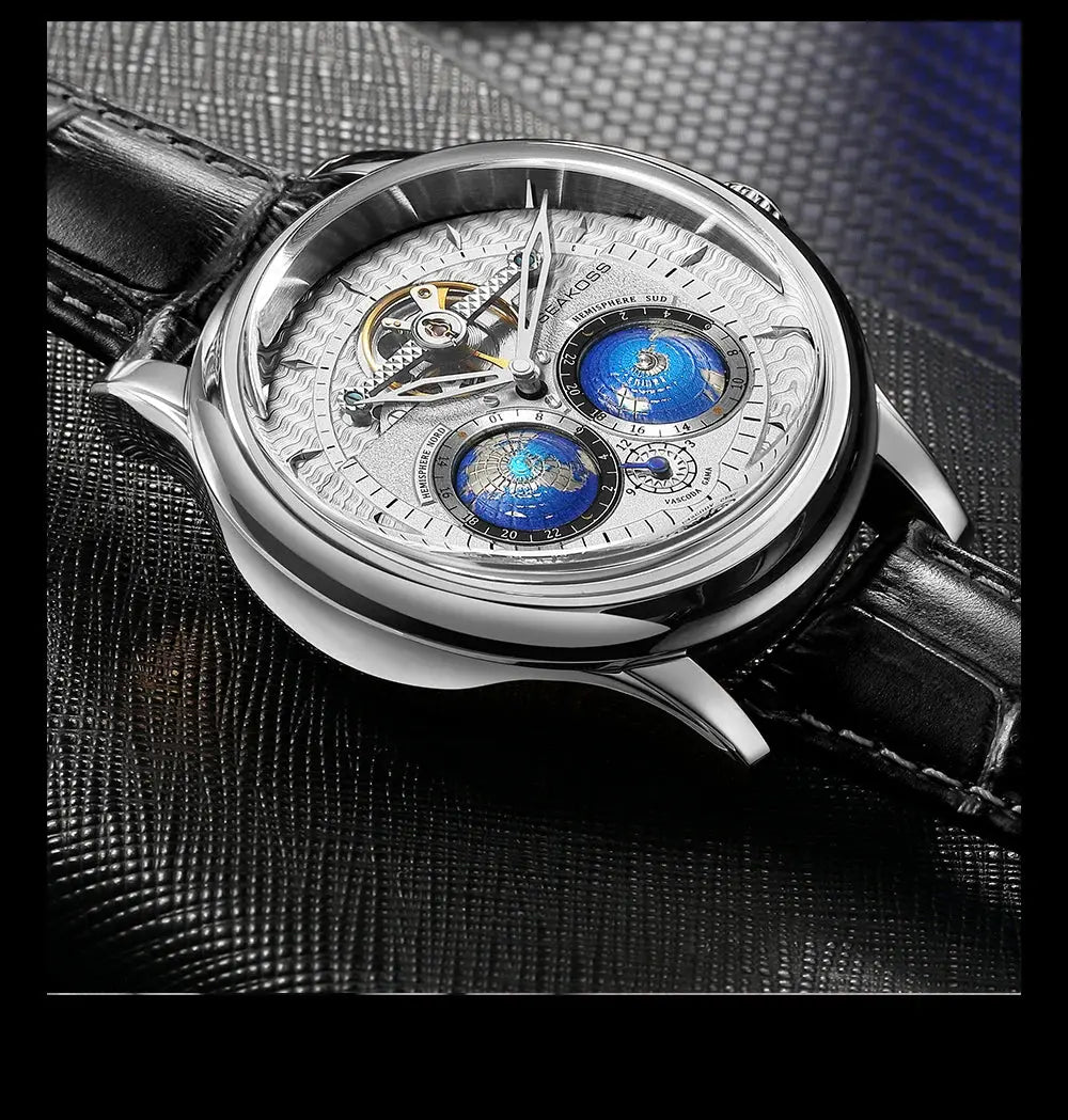 SEAKOSS Male Dual Earth Rotating Mechanical Men's Watch Automatic Movement Waterproof Clock Pilots 1963 Flywheel Wristwatches luxecrown.co.uk