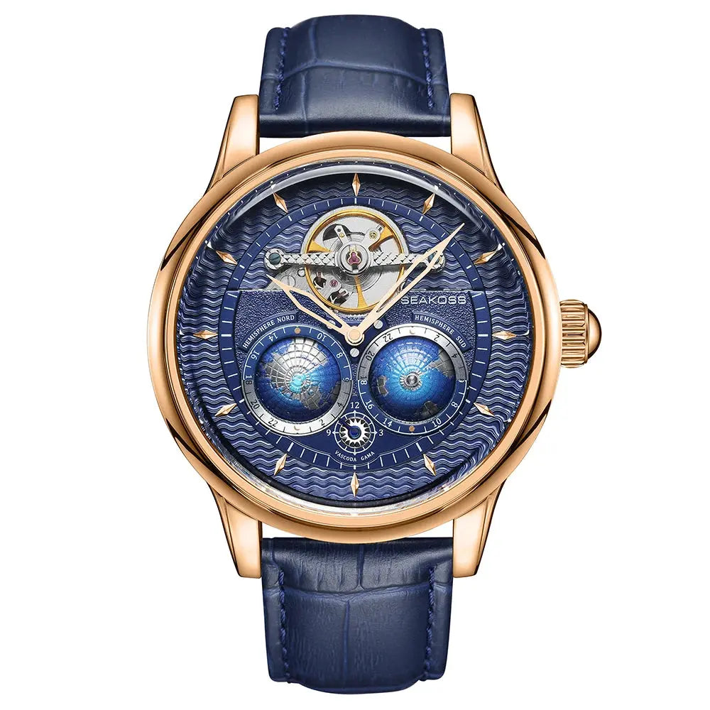 SEAKOSS Male Dual Earth Rotating Mechanical Men's Watch Automatic Movement Waterproof Clock Pilots 1963 Flywheel Wristwatches luxecrown.co.uk