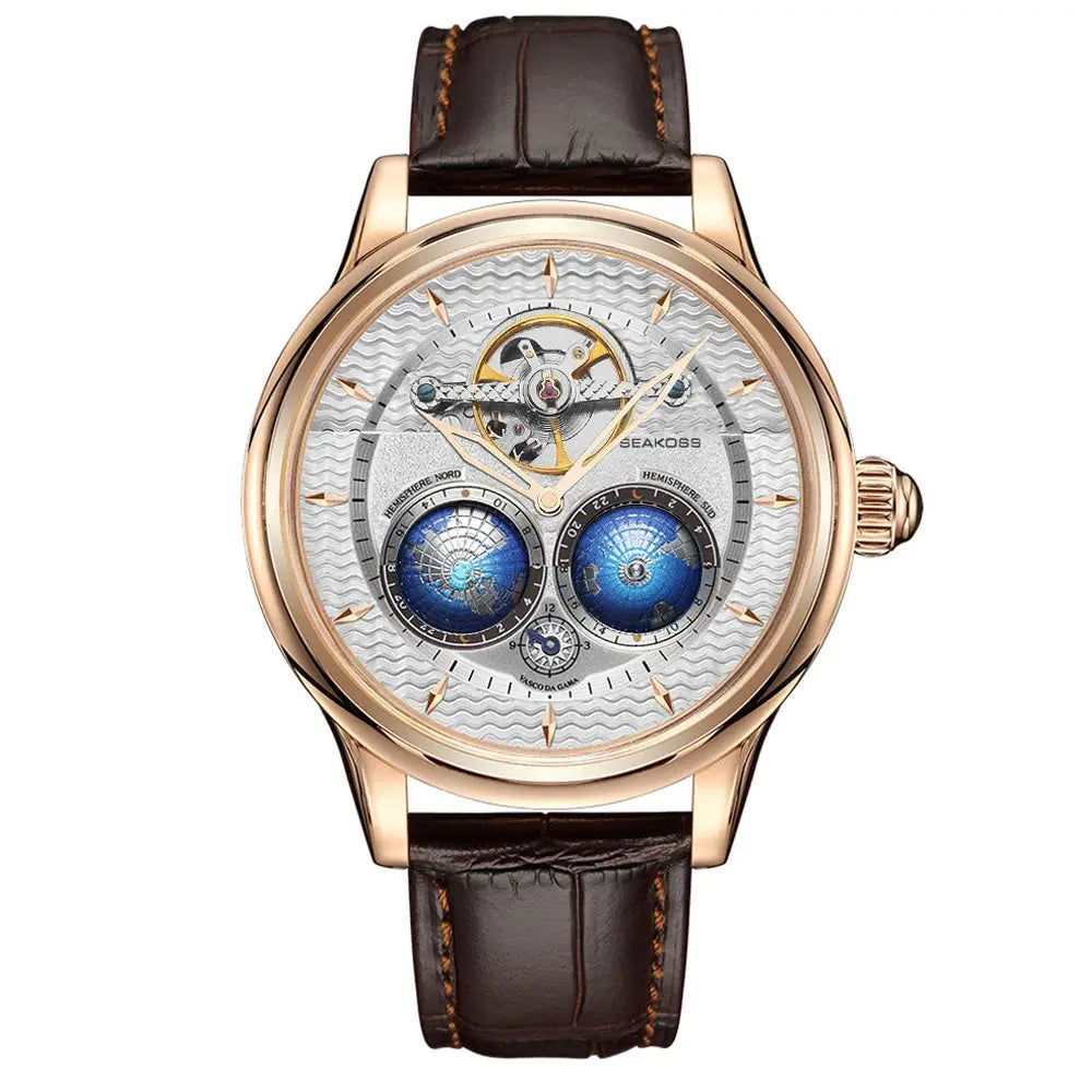 SEAKOSS Male Dual Earth Rotating Mechanical Men's Watch Automatic Movement Waterproof Clock Pilots 1963 Flywheel Wristwatches luxecrown.co.uk