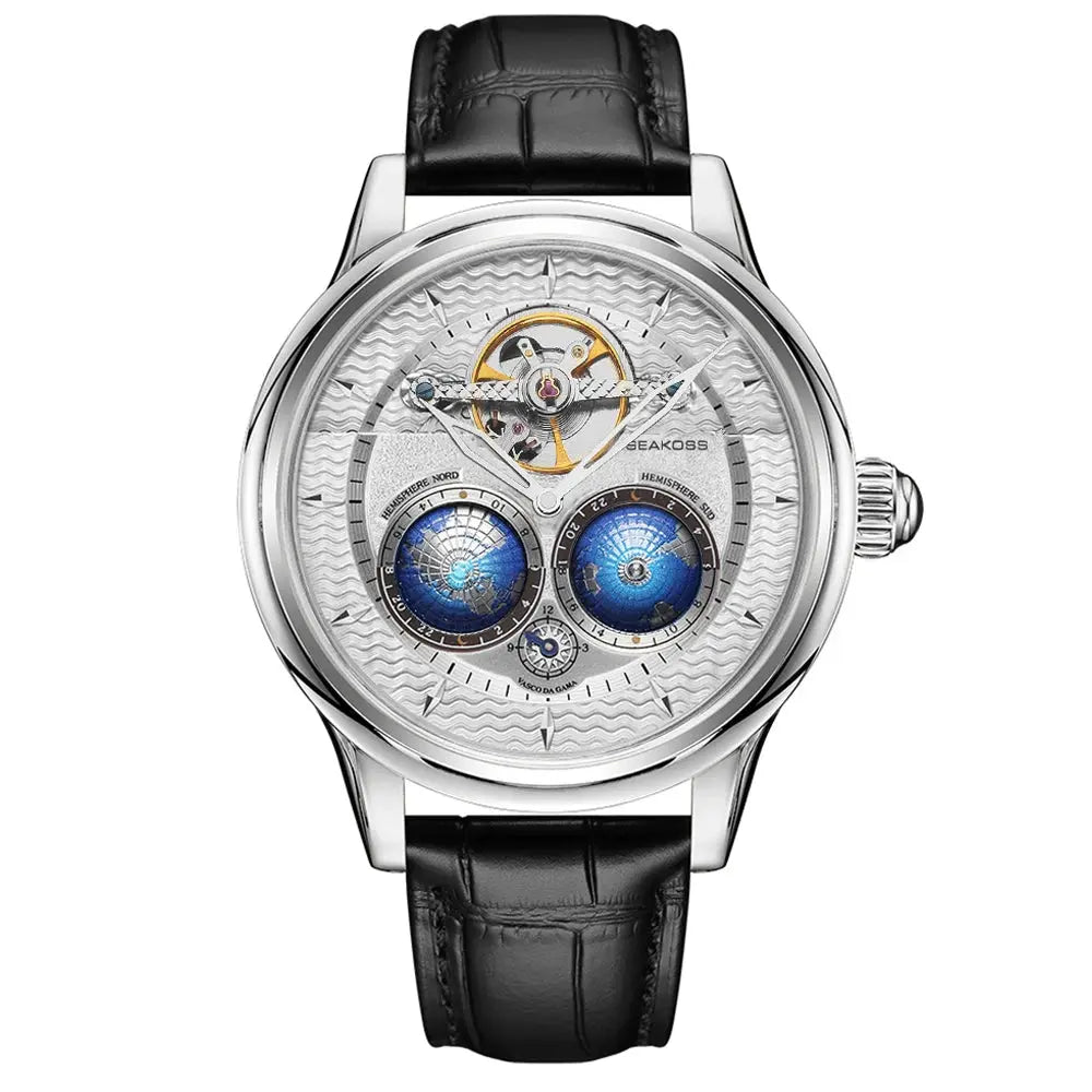 SEAKOSS Male Dual Earth Rotating Mechanical Men's Watch Automatic Movement Waterproof Clock Pilots 1963 Flywheel Wristwatches luxecrown.co.uk