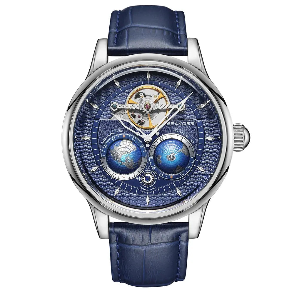 SEAKOSS Male Dual Earth Rotating Mechanical Men's Watch Automatic Movement Waterproof Clock Pilots 1963 Flywheel Wristwatches luxecrown.co.uk