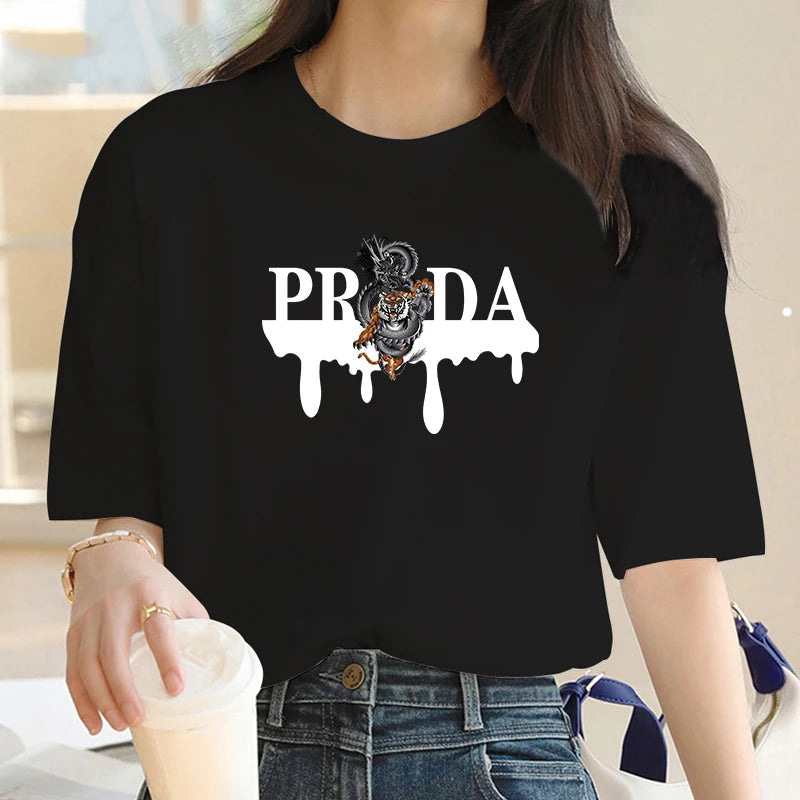 Luxury Brand Fashion Dragon and Tiger Pattern Printed Crew Neck Clothing Short Sleeve T-Shirt Trend Women's Summer Y2K Top Streetsharks