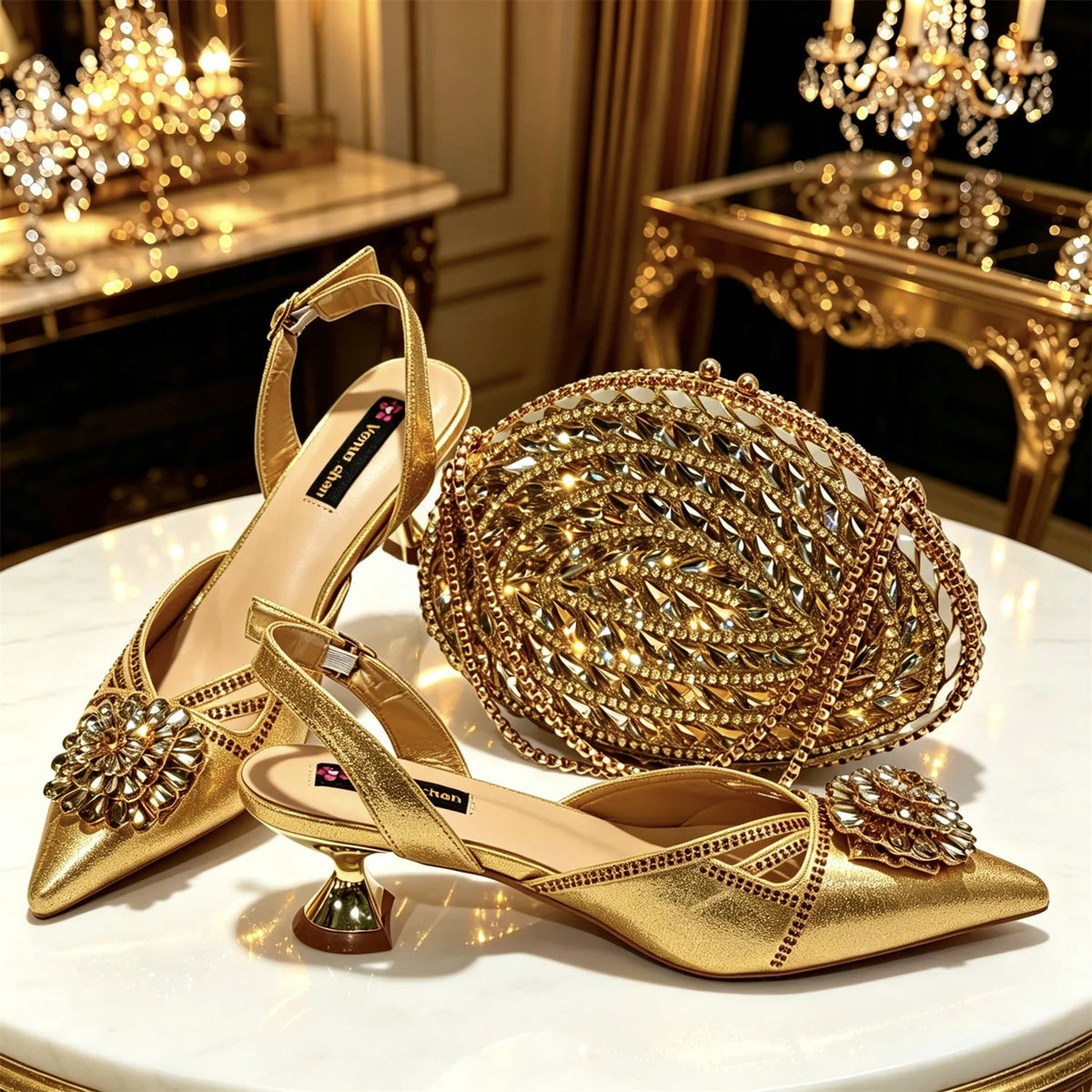 2026 Italian Peach Gold Rhinestone HAND CRAFTED UPPER Pointed Toe Women High Heels Shoes and Bag Set Elegant Party Shoes luxecrown.co.uk