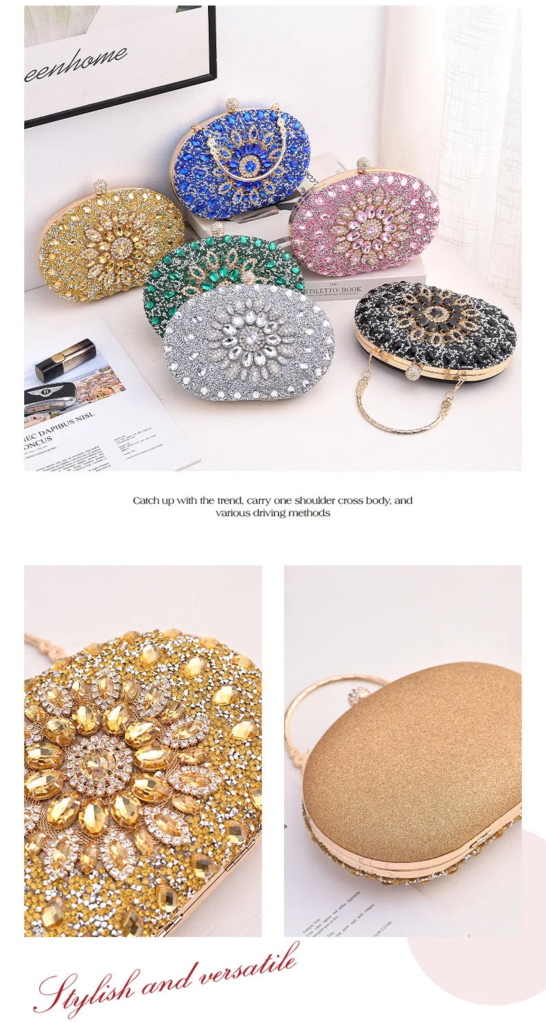 Gold Round Bag Luxury Brand Rhinestone Clutch Bags for Women 2024 Crystals Party Purses Diamond Designer Crossbody Handbags Streetsharks