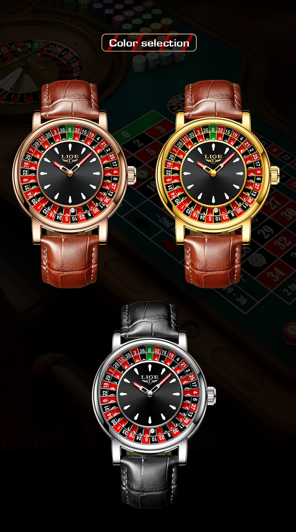 LIGE Fashion Brown Leather Men Watch Rotating Dial Las Vegas Roulette Desktop Theme Watch Men Waterproof Luminous Clock Watches