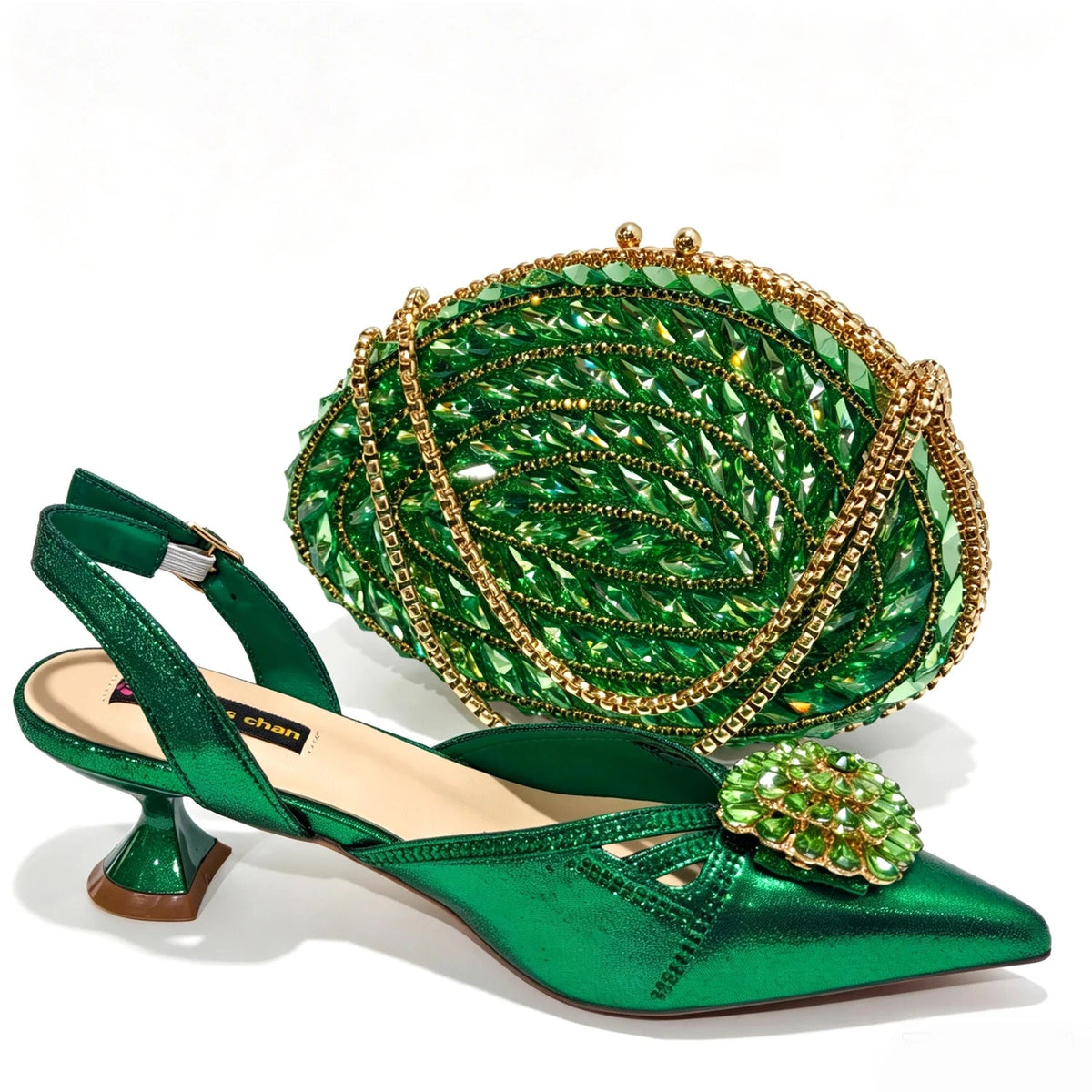 2026 Italian Peach Gold Rhinestone HAND CRAFTED UPPER Pointed Toe Women High Heels Shoes and Bag Set Elegant Party Shoes luxecrown.co.uk