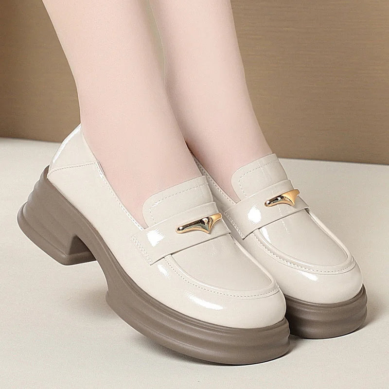 Thick-Soled Loafers Women's Spring And Autumn New British Style Retro Sponge Cake Leather Shoes Thick Heel Black Single Shoes luxecrown.co.uk