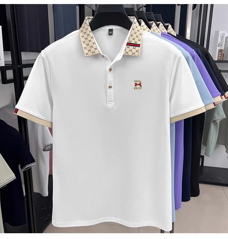 Luxury brand B letter embossed short sleeve polo shirt men summer lightweight breathable new fashion color blocked lapel T-shirt luxecrown.co.uk