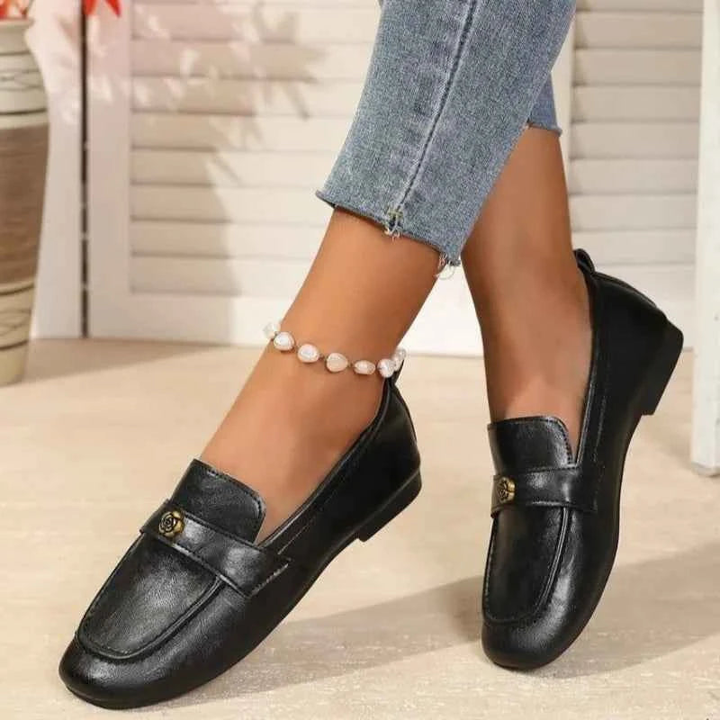Women's Leather Flat Loafers with Gold-Tone Flower Accessory Round Apron Toe Low Block Heel Comfortable & Office Dress Shoes luxecrown.co.uk