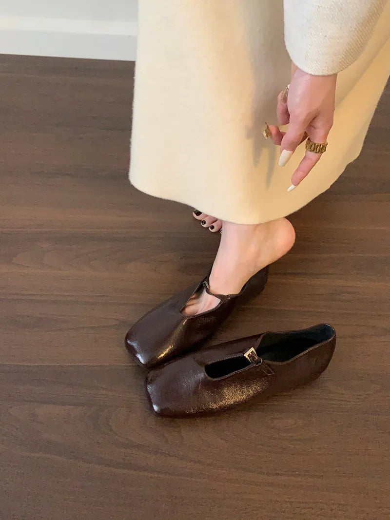 2025 Lightweight Summer French Retro Genuine Leather Shoes Minimalist Elegant Square Toe Flat Shoes Loafers Shoes Women luxecrown.co.uk