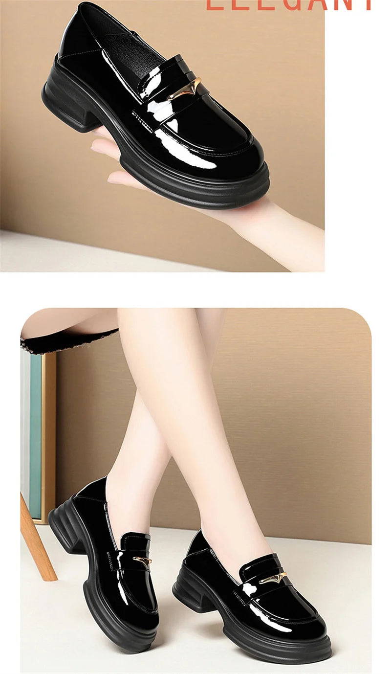Thick-Soled Loafers Women's Spring And Autumn New British Style Retro Sponge Cake Leather Shoes Thick Heel Black Single Shoes luxecrown.co.uk