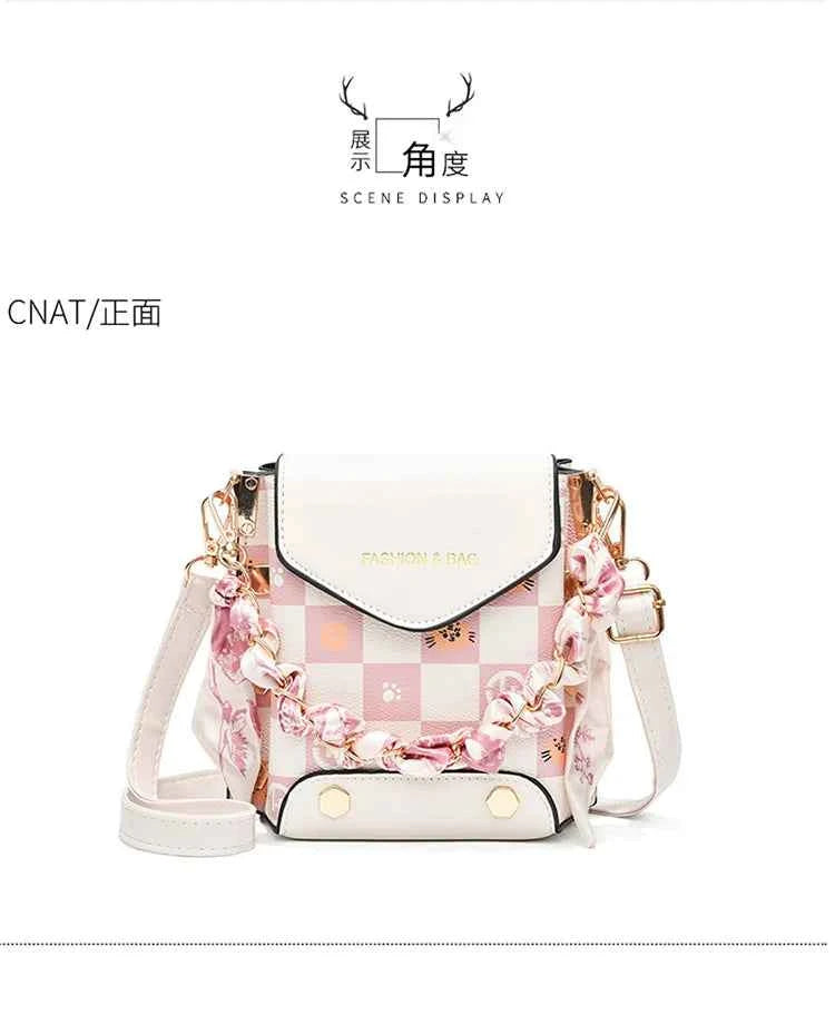 Wear-resistant PU leather mini single-shoulder bag for women, flip cover cartoon square graffiti crossbody bag