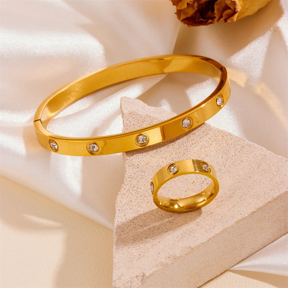 Luxury Stainless Steel Crystal Charm Bangle/Ring for Women Gold Color Non Tarnish Cuff Bracelet Jewelry Set Gift Party Streetsharks