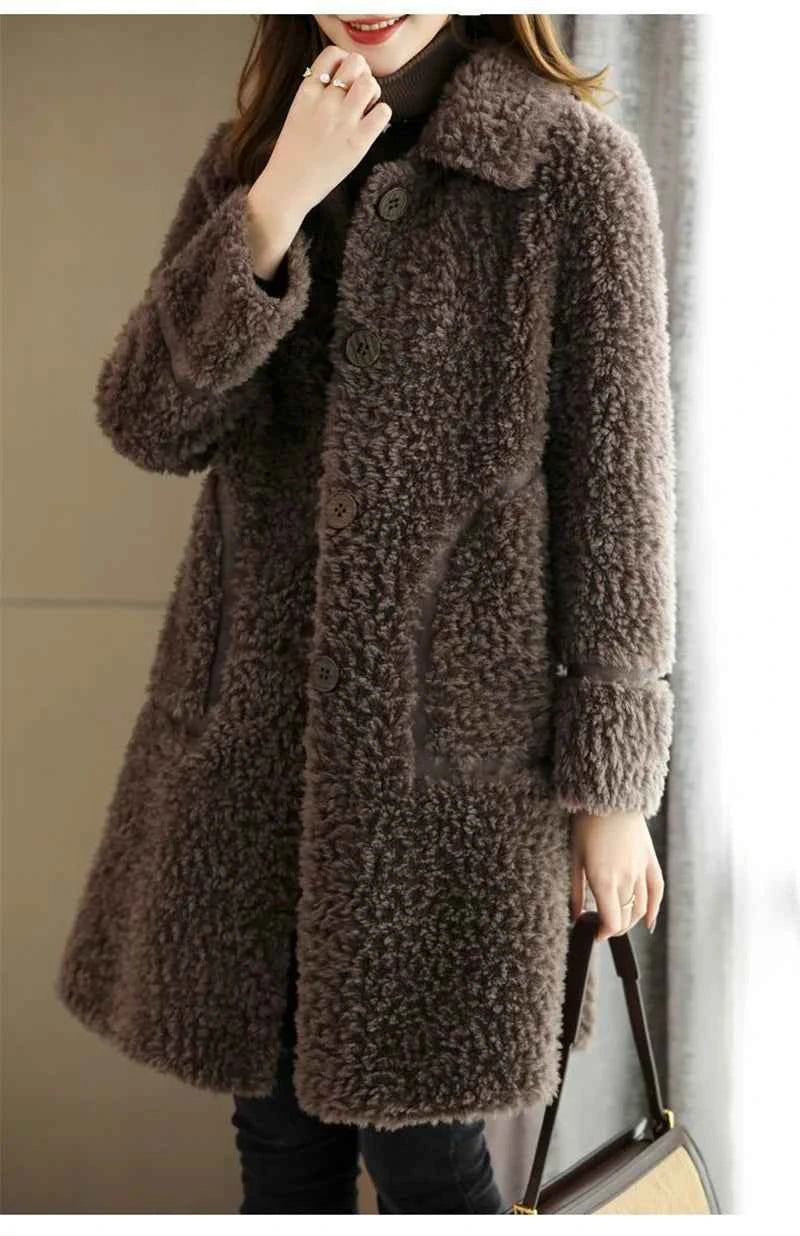 Female Winter Slim Grain Wool Middle Long Coat Women New Middle-Aged And Elderly Cashmere Thickened Imitation Lamb Wool Overcoat
