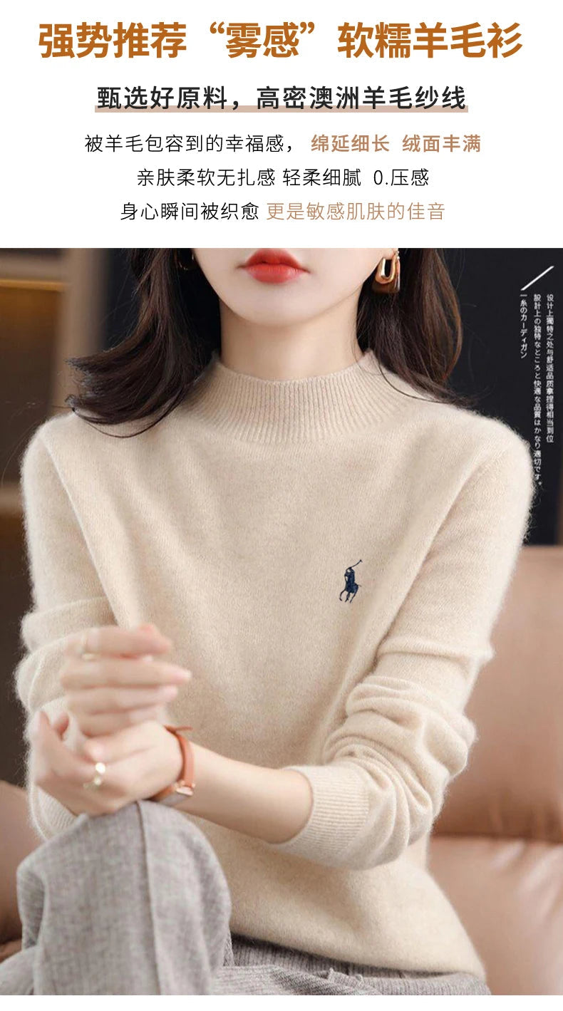 2024 Autumn/Winter Women's New Cashmere Hoodie Fashionable Embroidered Half High Neck Soft Cashmere Explosive100% Australianwool Streetsharks