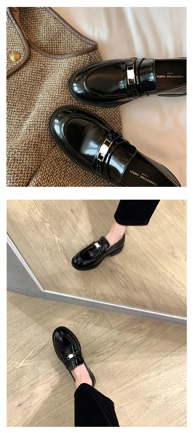 Spring New Women's Genuine Leather Shoes British Style Black Casual Shoes Banquet Office Wear Stylish Metal Design Loafers luxecrown.co.uk