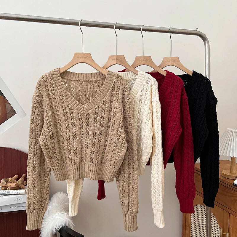 2026 New Autumn Winter Loose Casual Knitwear V-neck Long Sleeve Knitted Sweaters Twist Hollow Out Crochet Short Pullover Tops