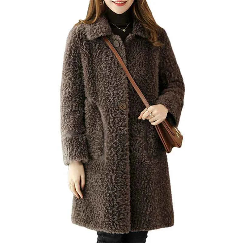 Female Winter Slim Grain Wool Middle Long Coat Women New Middle-Aged And Elderly Cashmere Thickened Imitation Lamb Wool Overcoat