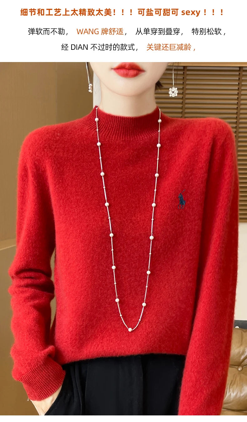 2024 Autumn/Winter Women's New Cashmere Hoodie Fashionable Embroidered Half High Neck Soft Cashmere Explosive100% Australianwool Streetsharks