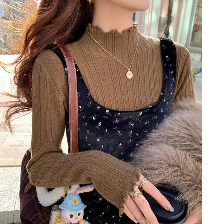 New Women's Autumn and Winter Solid Color Ruffled Semi-turtleneck Long-sleeved Knitted Sweater Casual Women's Knitted Pullovers