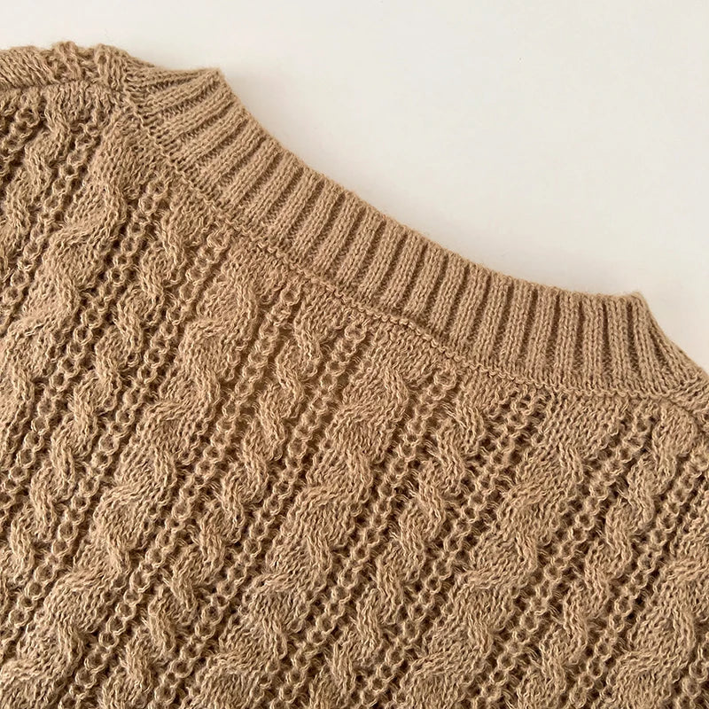 2026 New Autumn Winter Loose Casual Knitwear V-neck Long Sleeve Knitted Sweaters Twist Hollow Out Crochet Short Pullover Tops