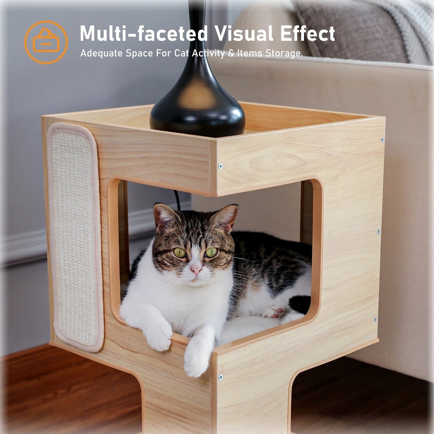 Wood Cat Condo House Bed with Removable Soft Mats Modern Cat Tree Tower with Scratching Pad Cat Scratcher Furniture Kitten Toys luxecrown.co.uk