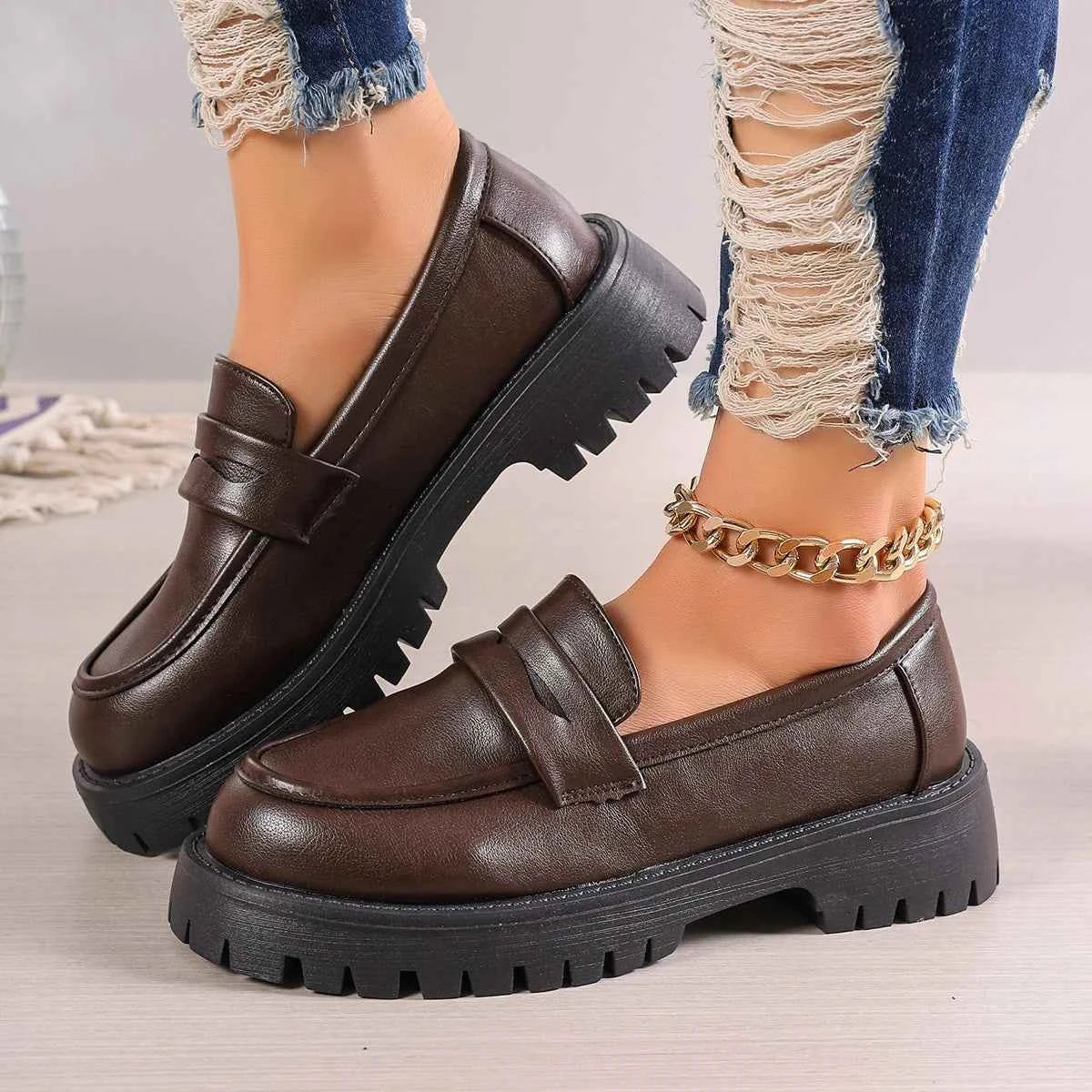 Casual Platform Loafers Woman 2024 British Style Black Brown PU Leather Shoes for Women Comfort Slip On Flats Plus Size luxecrown.co.uk