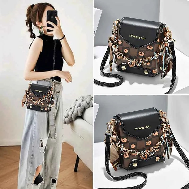 Wear-resistant PU leather mini single-shoulder bag for women, flip cover cartoon square graffiti crossbody bag