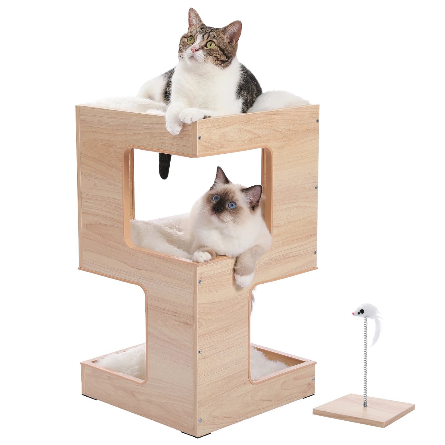 Wood Cat Condo House Bed with Removable Soft Mats Modern Cat Tree Tower with Scratching Pad Cat Scratcher Furniture Kitten Toys luxecrown.co.uk